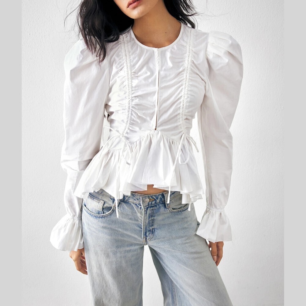 White Ruched Cotton Puff Sleeve Peplum Blouse with Ruffle Cuffs